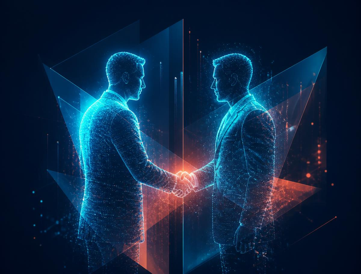 Two holographic figures shaking hands across a digital divide, rendered in glowing blue and orange particles