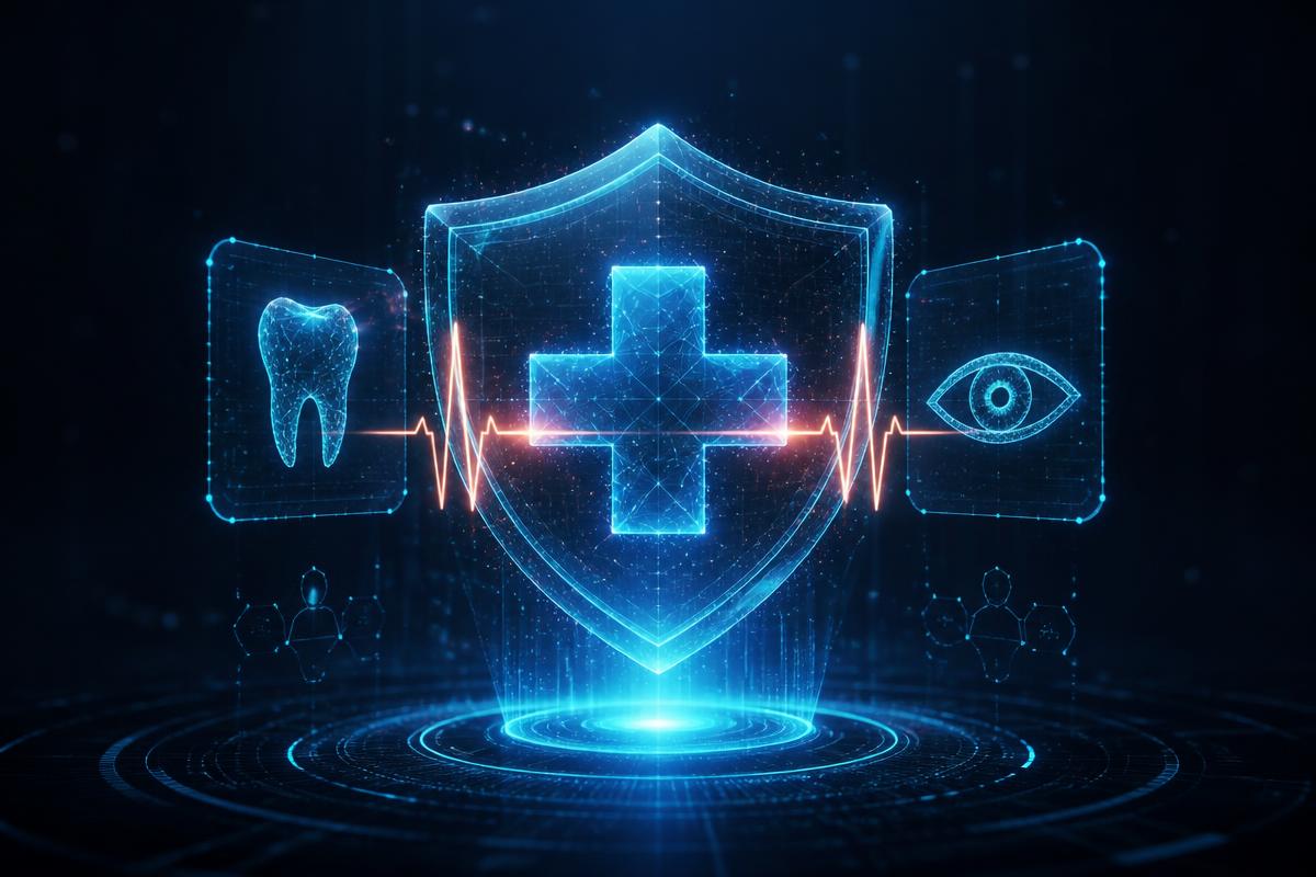 Glowing holographic medical shield with a cross, heartbeat line, tooth and eye icons