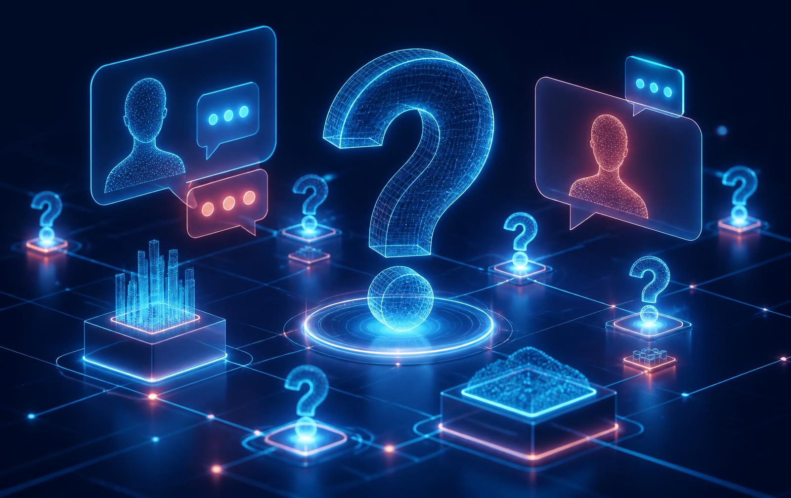 Futuristic holographic network of glowing question marks and data nodes representing TPETI support