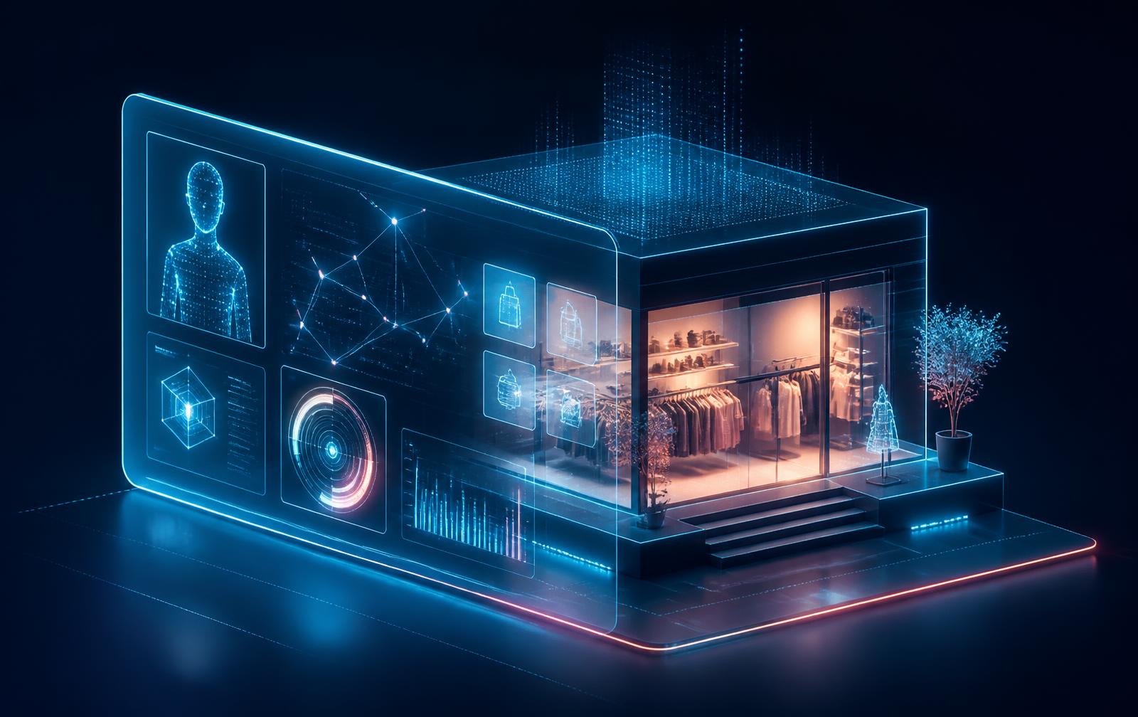 Futuristic holographic storefront merging physical retail with a glowing digital interface