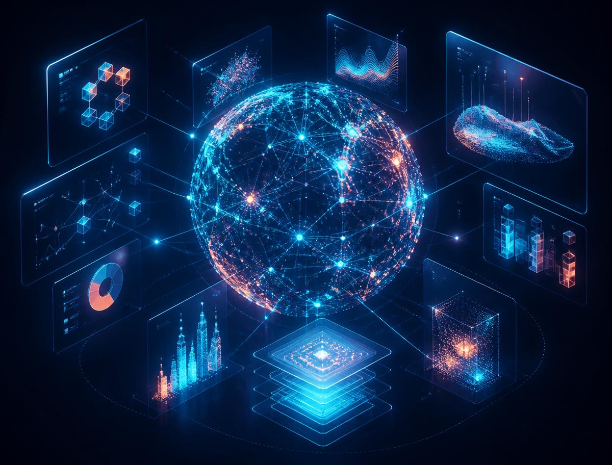 Abstract network of glowing data nodes representing AI and digital tools