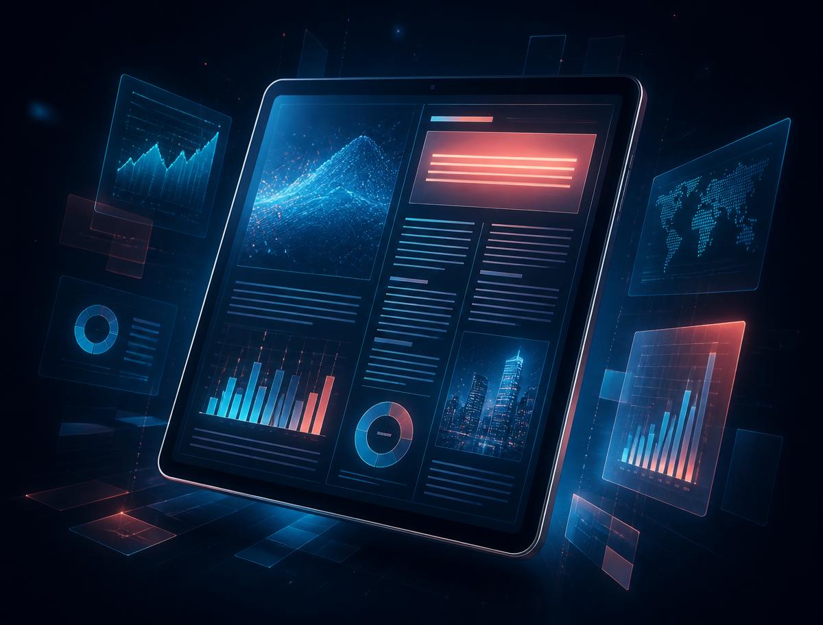 Tablet screen displaying a glowing digital business publication with charts and article columns